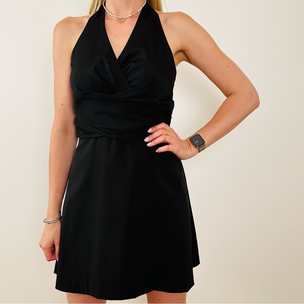 White House Black Market halter ruched v-neck fit and flare black mini dress